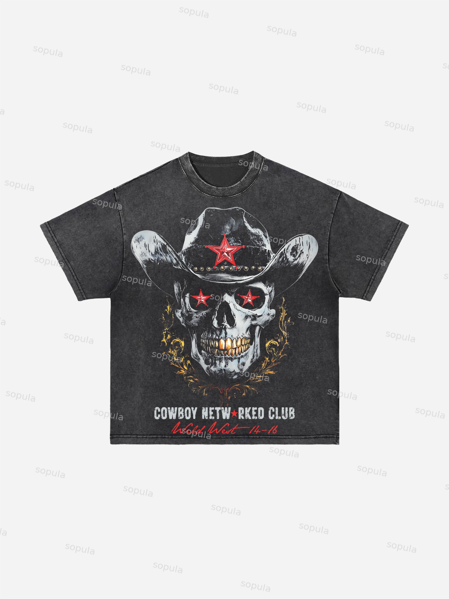 Men's Vintage Wild West Skull Graphic Acid Wash T-shirt - SOPULA