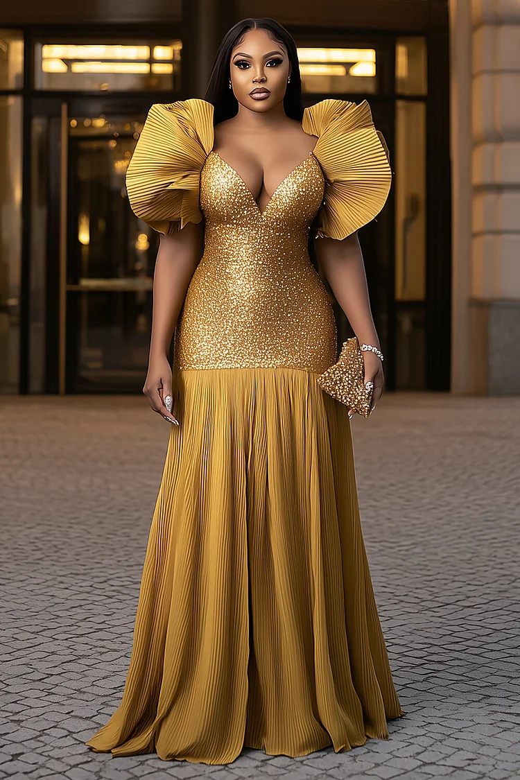 Square Neck Puff Sleeves Pleated Sequin Party Maxi Dresses-Gold