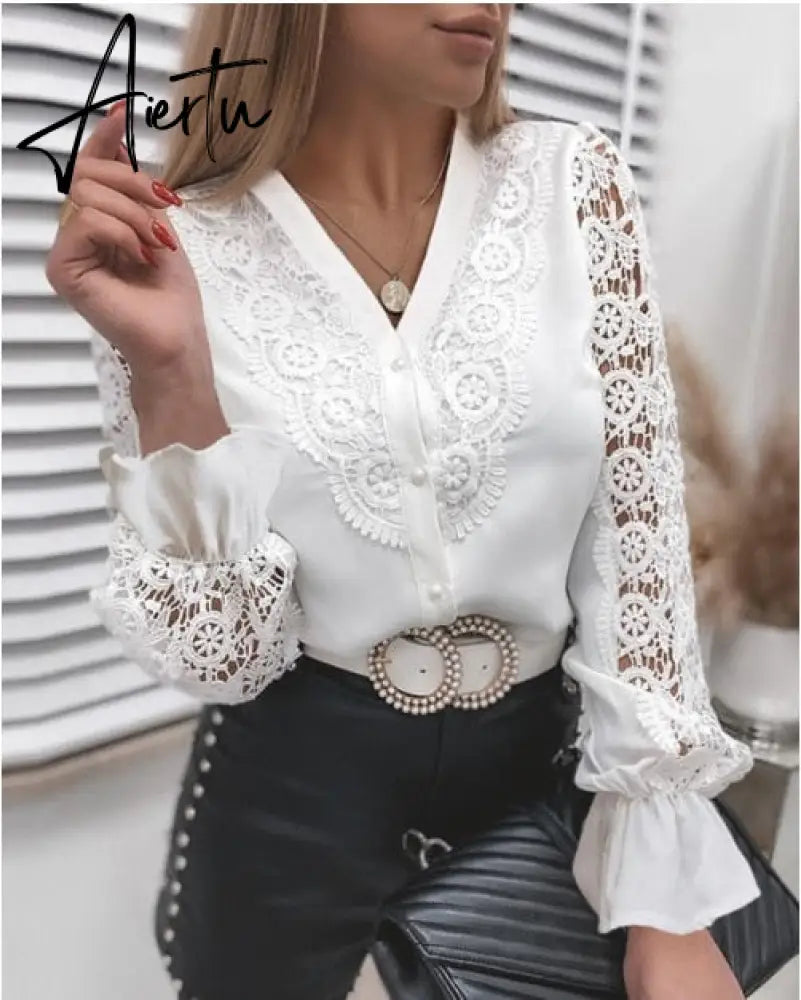 Women Sexy Lace Patchwork Hollow Out T-Shirt Long Sleeve Crew Neck Button Mesh Design Tops Spring Fashion White Vintage T Shirts Aiertu