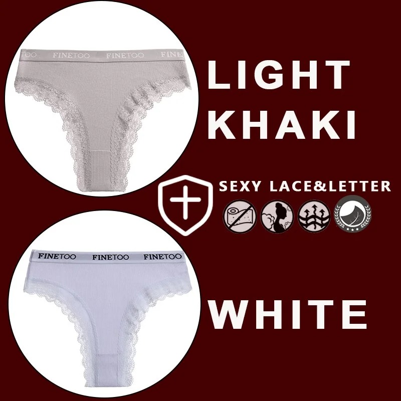 FINETOO 2PCS/Set Women's Cotton Panties Girls Letter Thongs Brazilian Pantys Sexy Lace Underwear For Woman Lingerie Bikini Panty