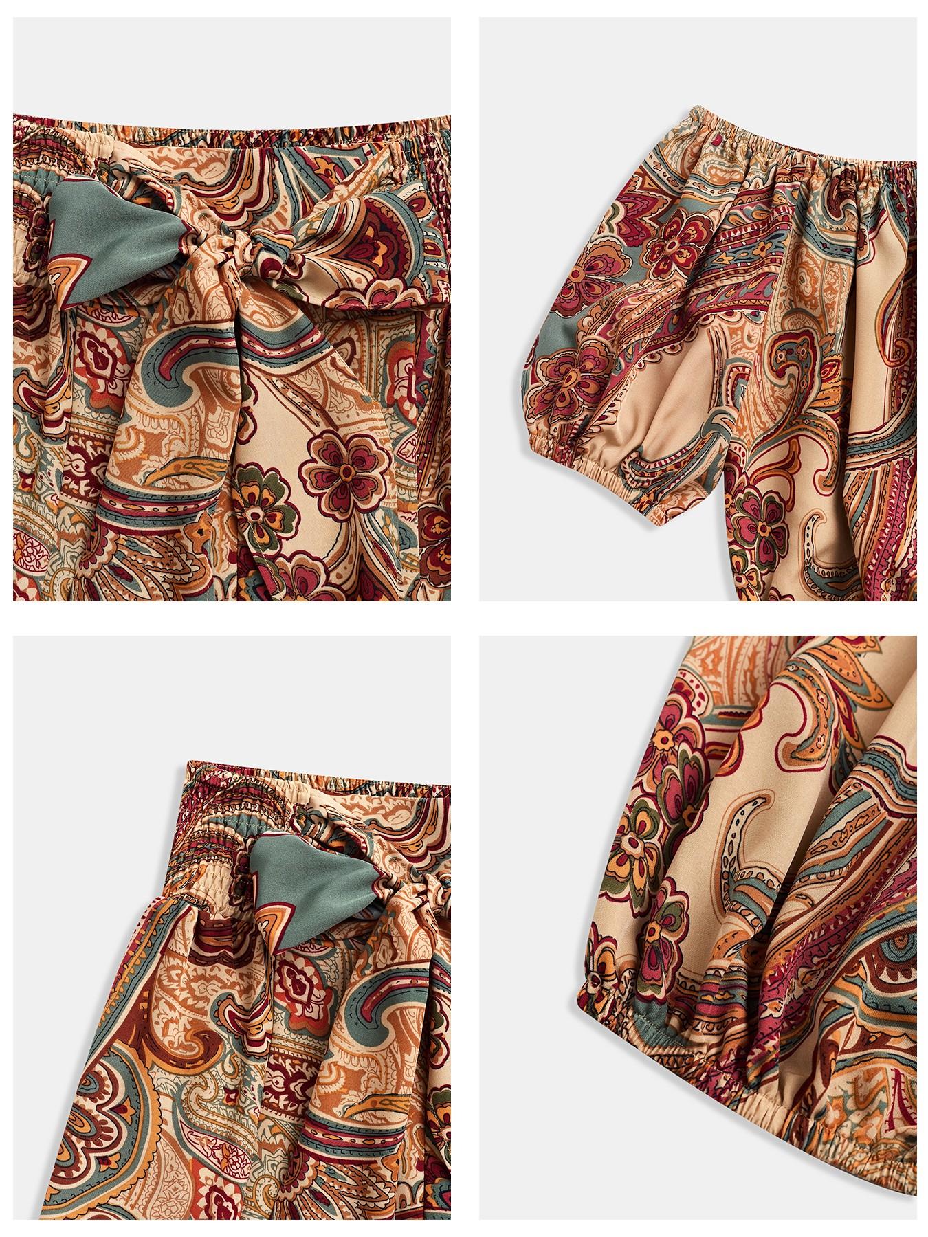Women's Summer Paisley Print Vintage Vacation Two-Piece Set, Off-Shoulder Bubble Sleeve Crop Top + High Waist Drawstring Wide Leg Pants