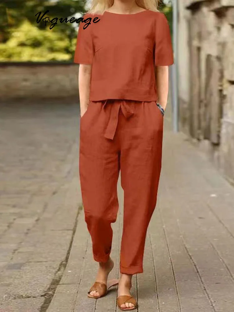 Fashion Solid Color Short Sleeve Blouse Wide Leg PantsWomen's Cotton And Linen Two-Piece Suit