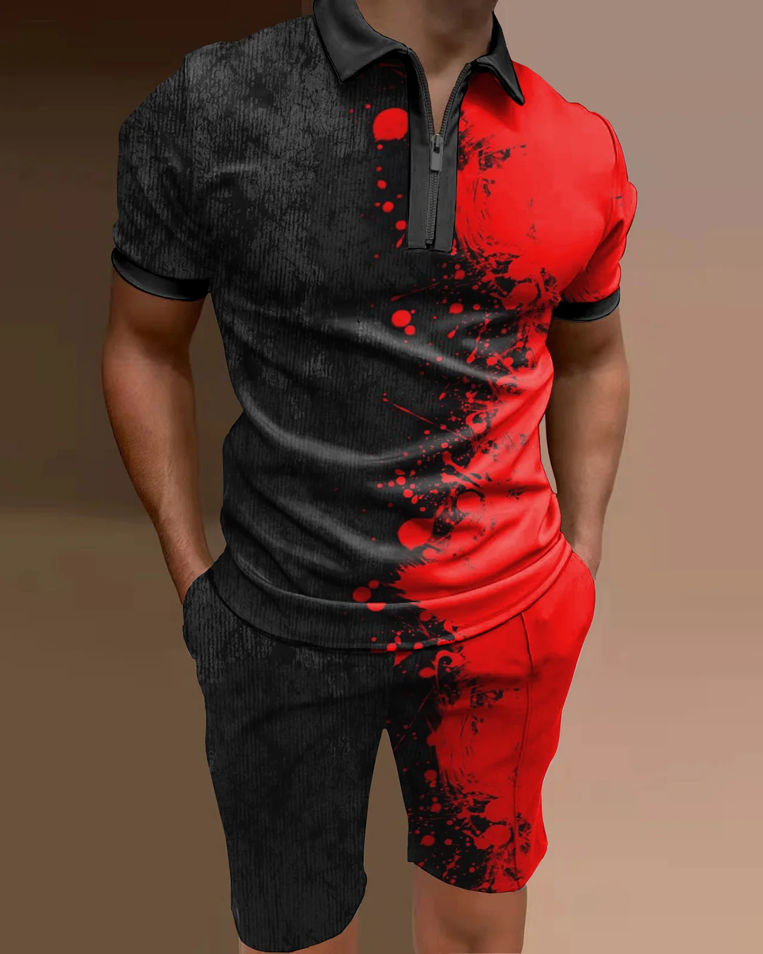 Men's polo shirt colorblock print two piece set