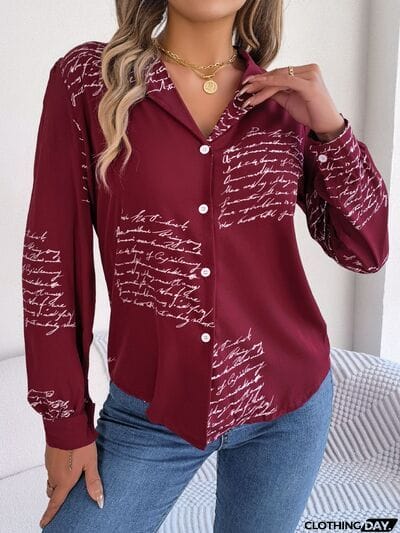Letter Printed Button Up Long Sleeve Blouse