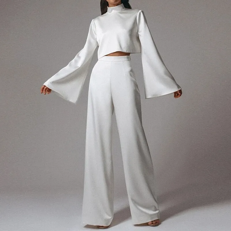 Celmia Women Solid 2 Pieces Sets Casual Satin Silk Suits Vintage Flare Long Sleeve Crop Tops Blouses and Wide Leg Long Pant Sets