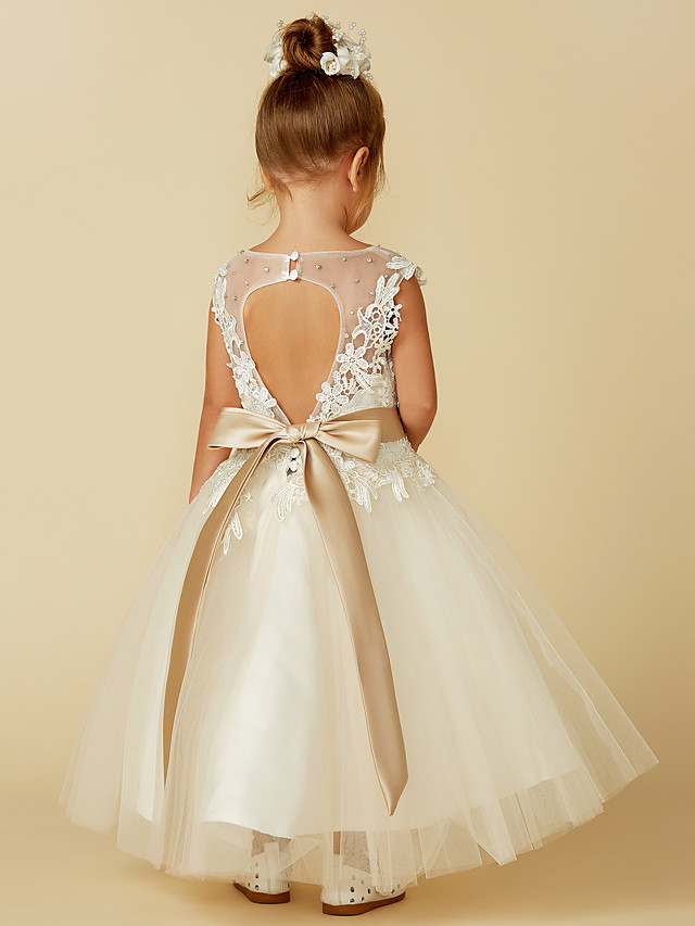 Daisda Sleeveless Jewel Neck Ball Gown Flower Girl Dress Lace Tulle With Belt  Buttons  Beading