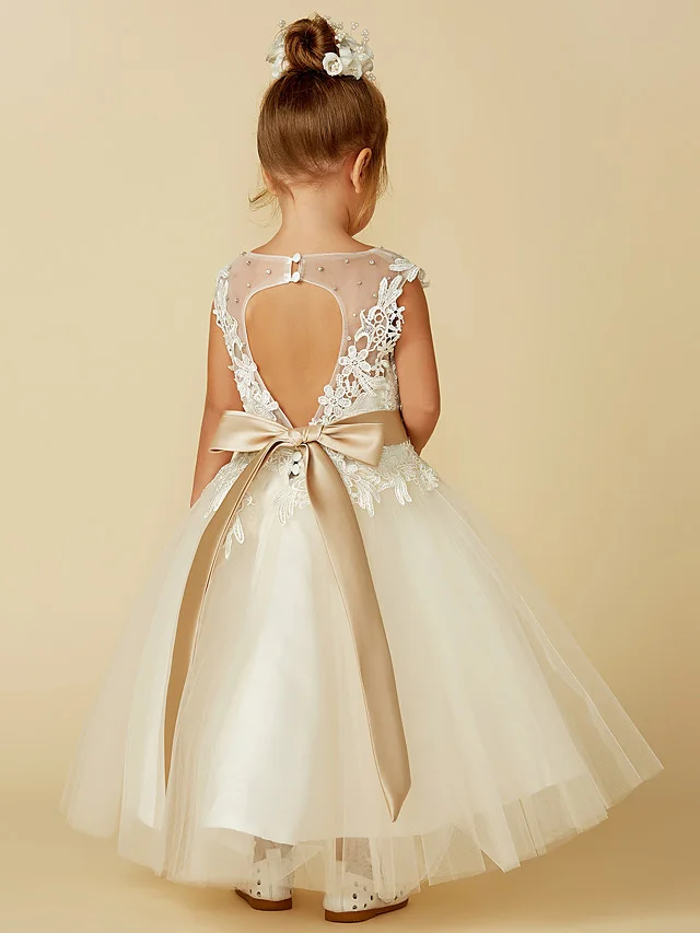 Daisda Sleeveless Jewel Neck Ball Gown Flower Girl Dress Lace Tulle With Belt  Buttons  Beading