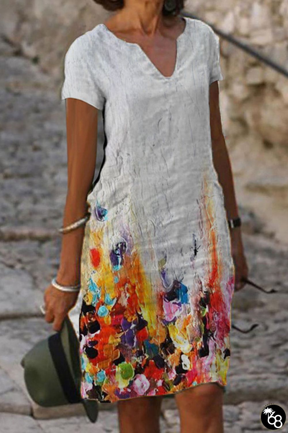 Leaf Print Casual Print Patchwork V Neck Straight Dresses | 168DEAL