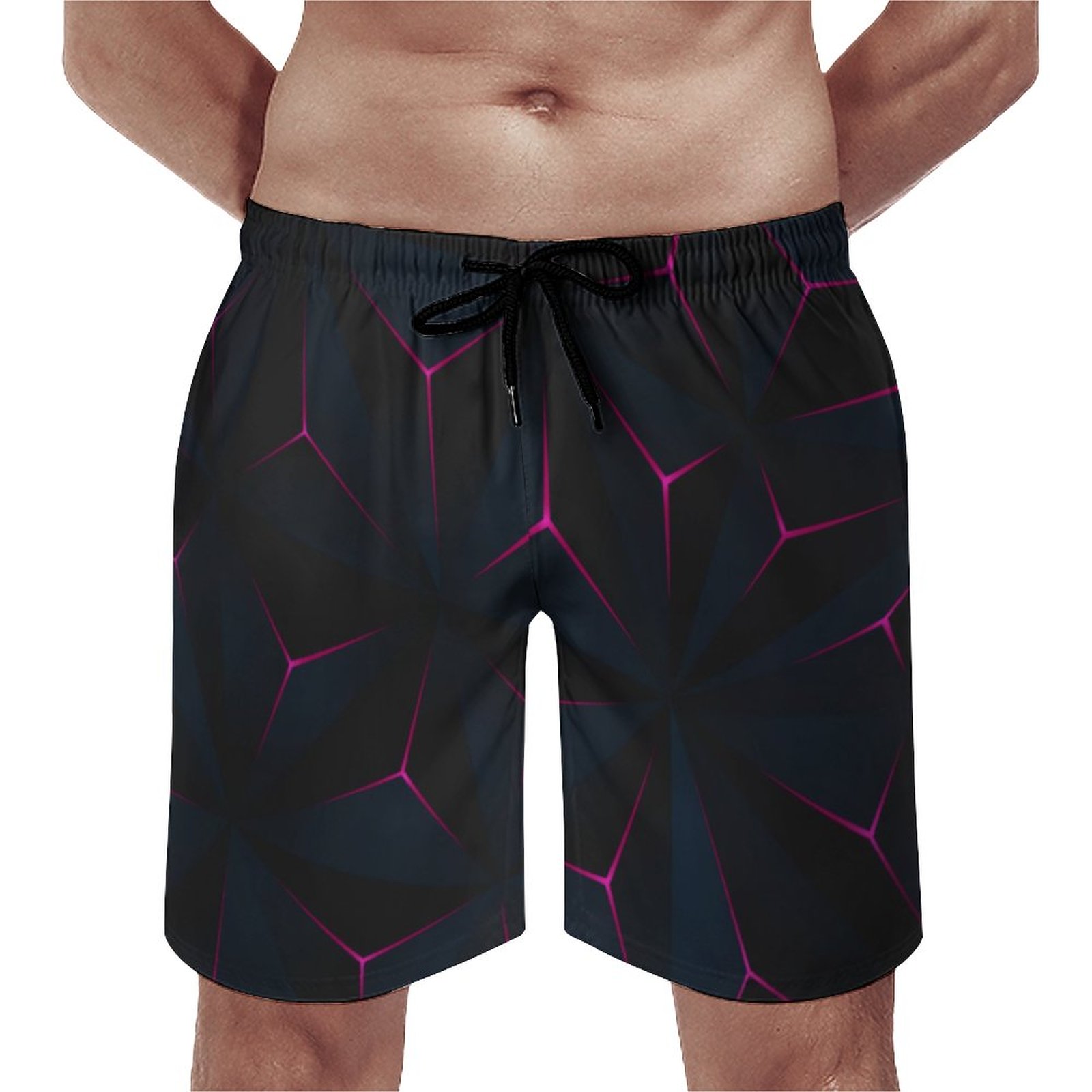 Black With Fuchsia Crack Design Pattern | Mens Swim Trunks Quick Dry With Mesh Lining | Men's Summer Pajama Shorts | Cotton On Designer Swim Shorts | Vacation Resort
