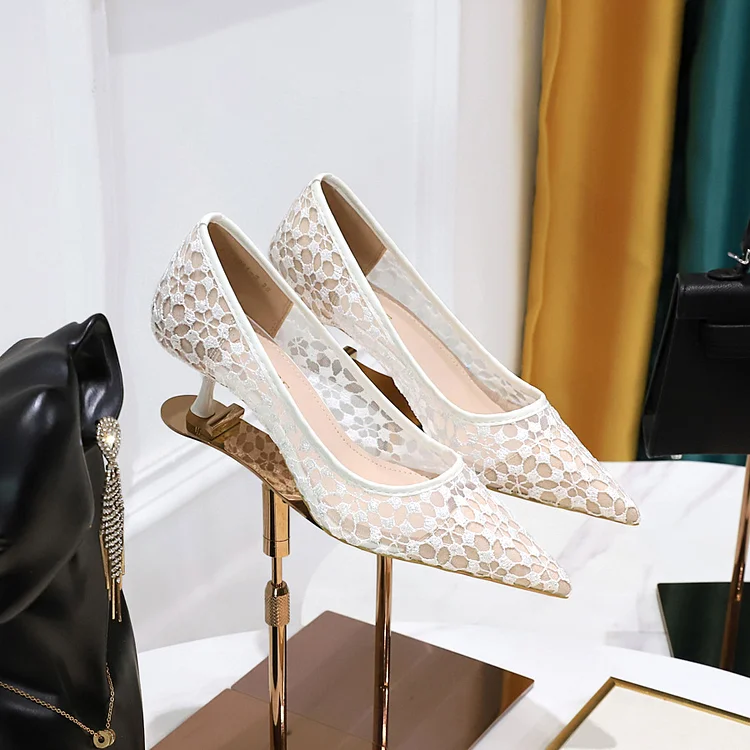 1961-5 European and American Style Fashion Banquet Women's Shoes Stiletto Mid-Heel Pointed Pointed Mesh Lace Sexy Slimming Pumps