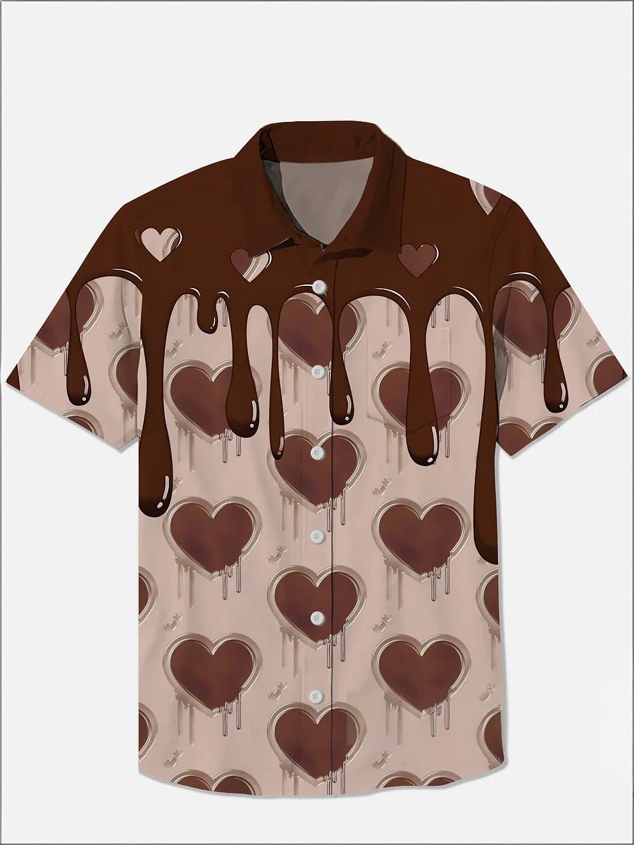 Heart-Shaped Chocolate and Dripping Chocolate Sweet-Themed Printing Breast Pocket Short Sleeve Shirt PLUSCLOTHESMAN