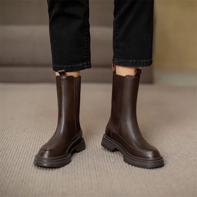 Meotina Chelsea Boots Women Natural Genuine Leather Flat Platform Mid Calf Boots Round Toe Ladies Shoes Autumn Winter Black 40