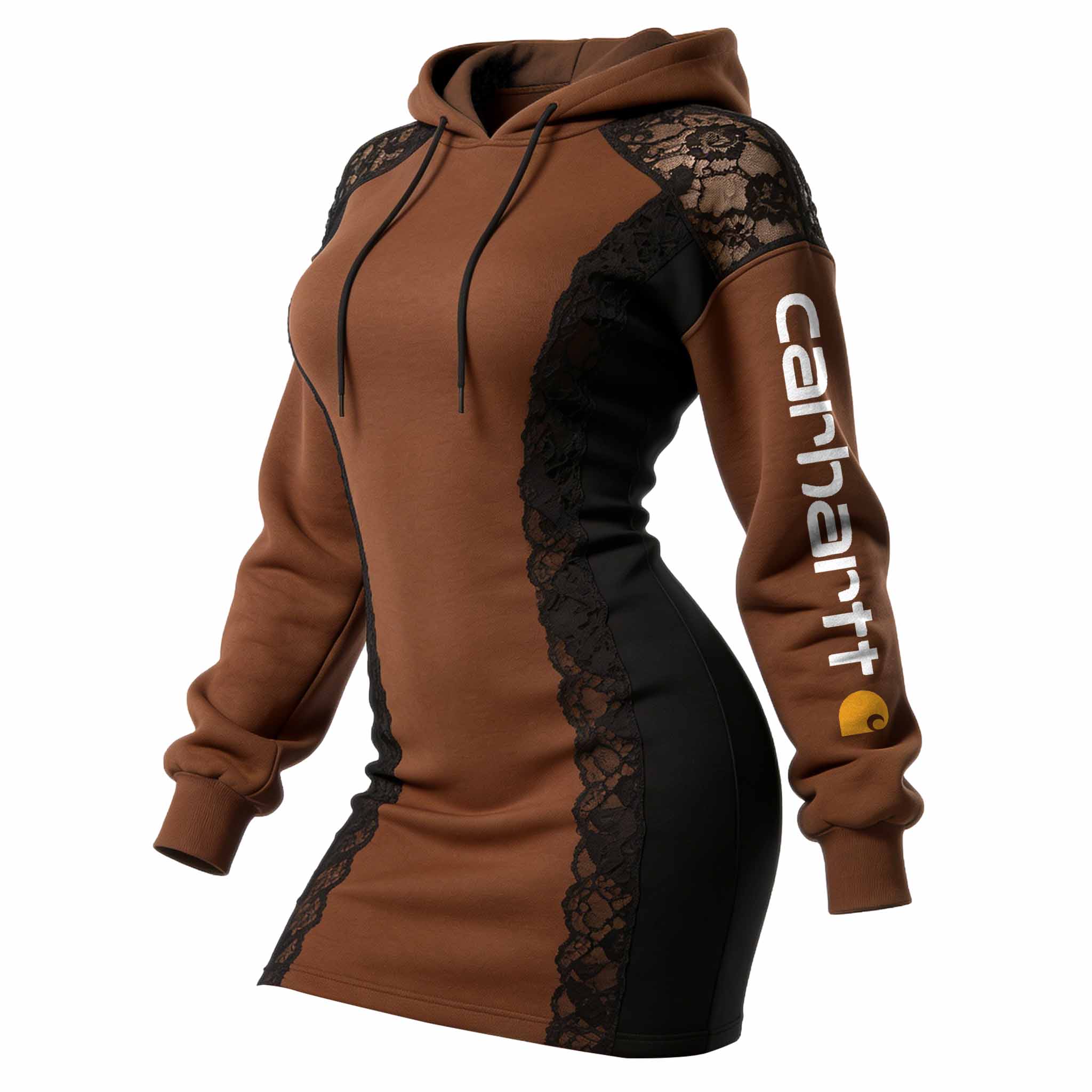 Women's Vintage Brown Patchwork Lace Hoodie Dress