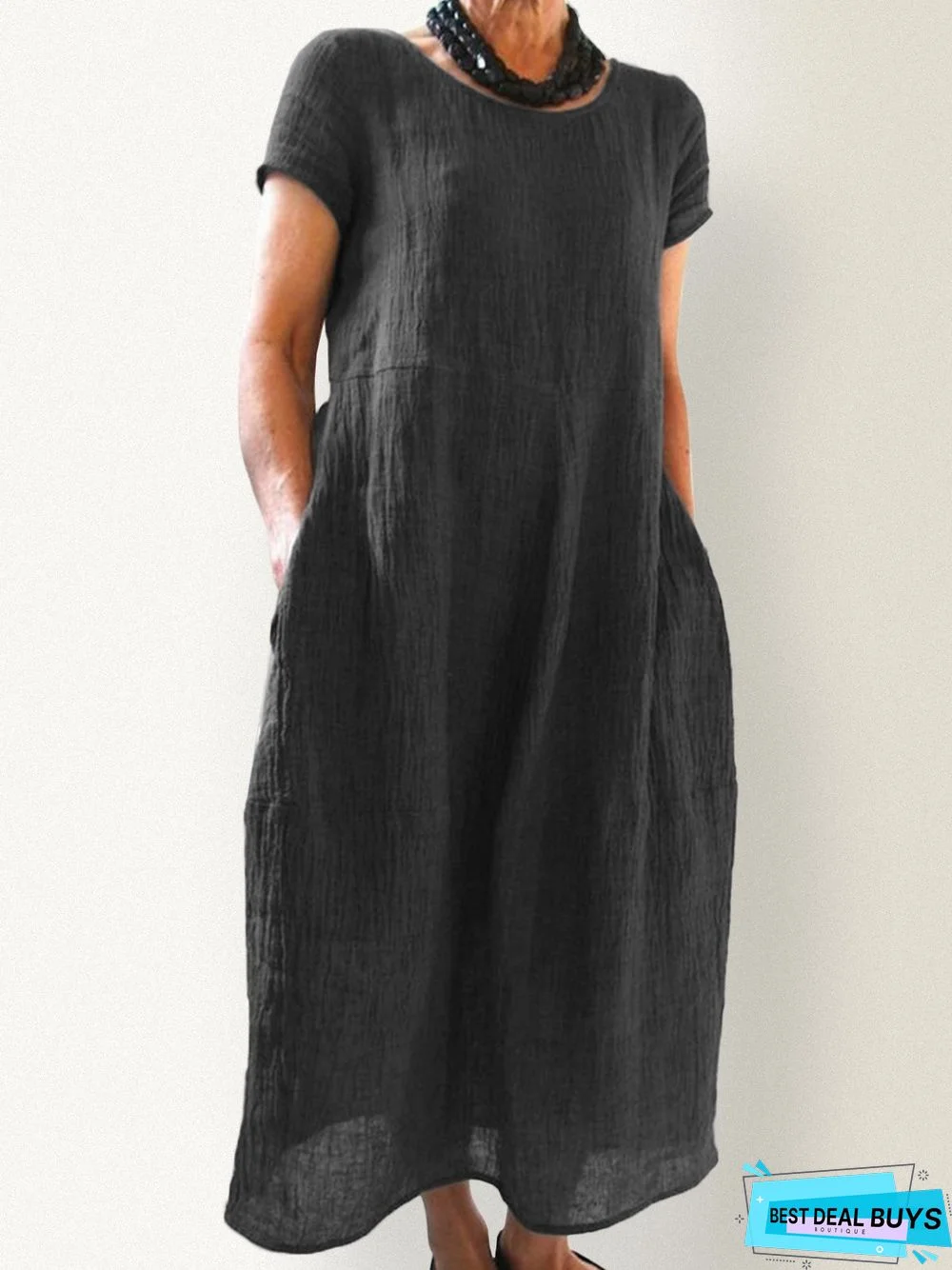 Women Linen Plain Pockets Round Neck Short Sleeve Shift Maxi Dress