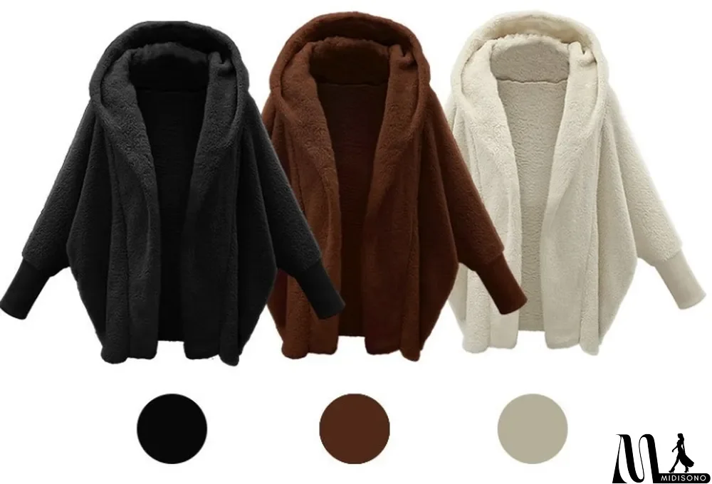 MidiSono - Winter Casual Black Fleece Long Sleeve With Hood Long Jacket