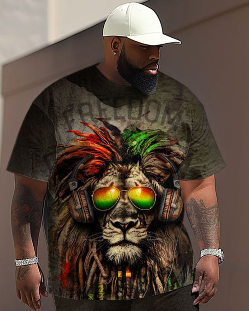 Men Plus Size Street Fashion Graffiti Lion Print T-Shirt Trousers Suit