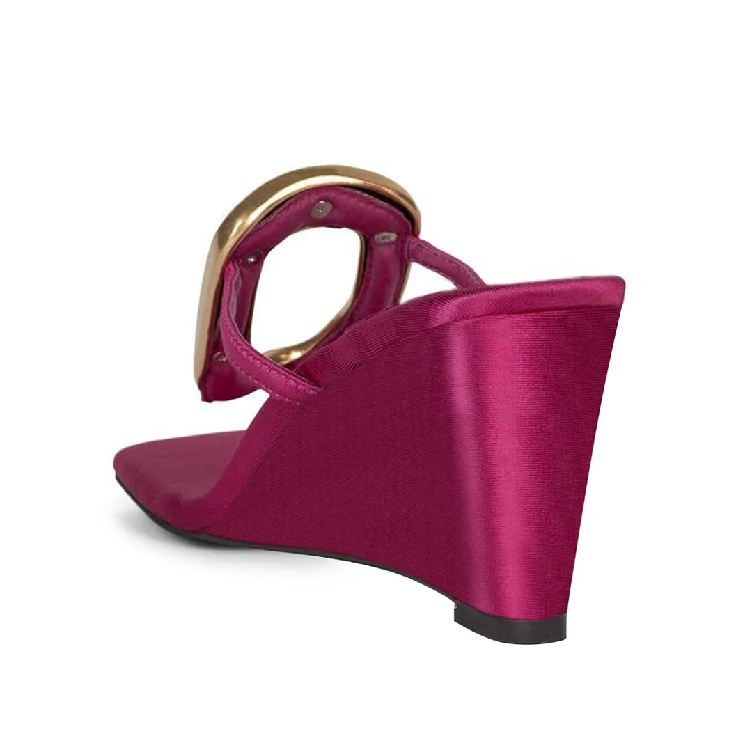 Fuchsia Satin Square Toe Gold Buckle Sandals with Wedge Heels