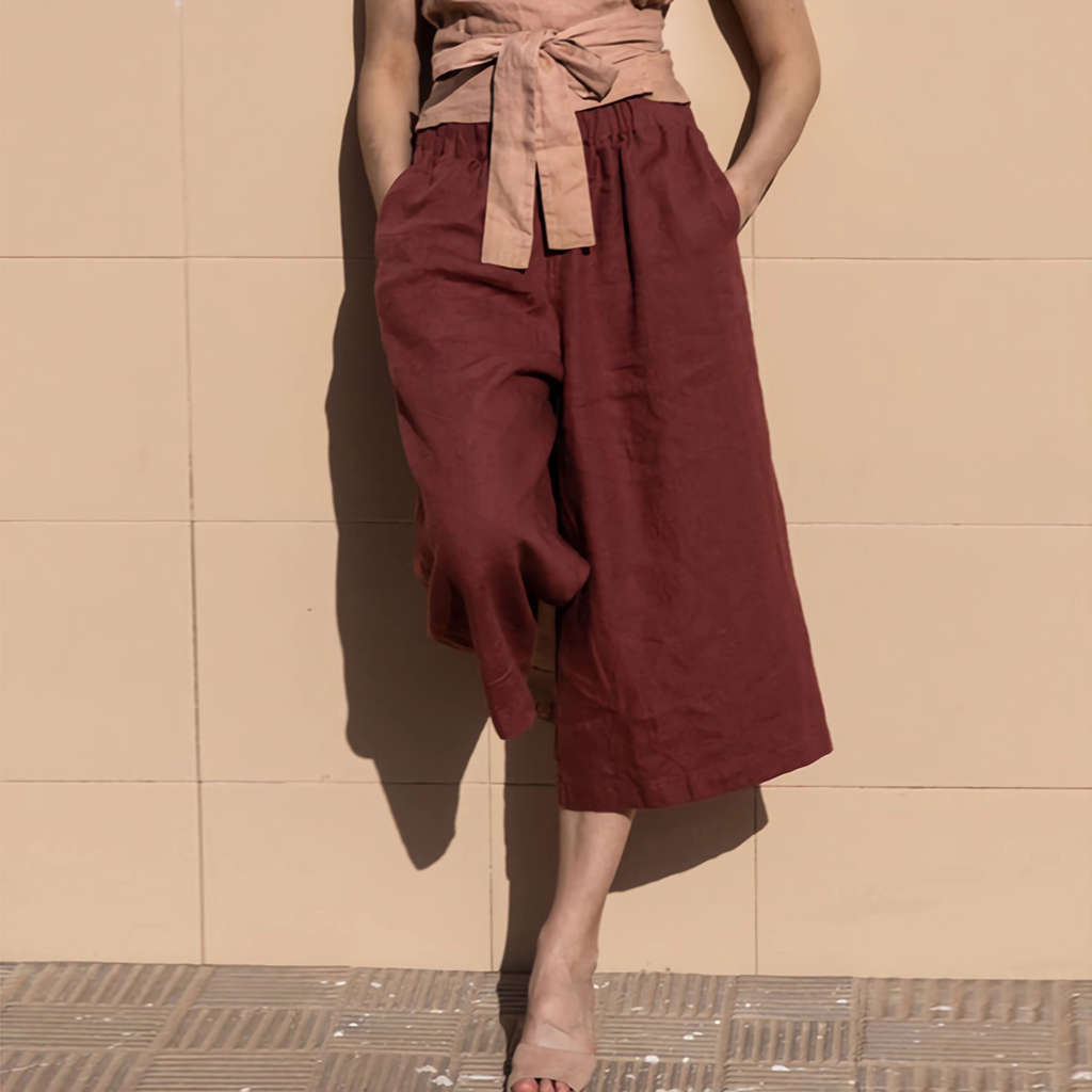 Linen Pants Women 100% Linen Elastic Waist Wide Leg Trousers REAL SILK LIFE
