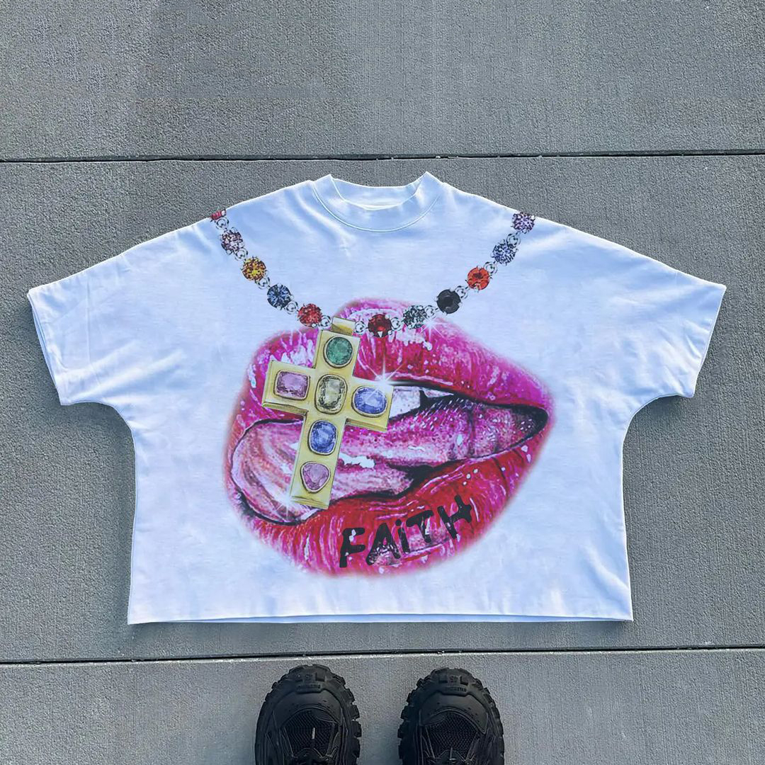 Vintage Faith Lips Graphic 100% Cotton T-Shirt Cropped Tees