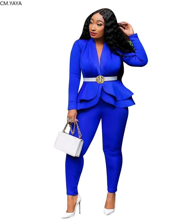 Women Winter Women's set Tracksuit Full Sleeve Ruffles Blazers Pants Suit Two Piece Set Office Lady business wear uniform GL610