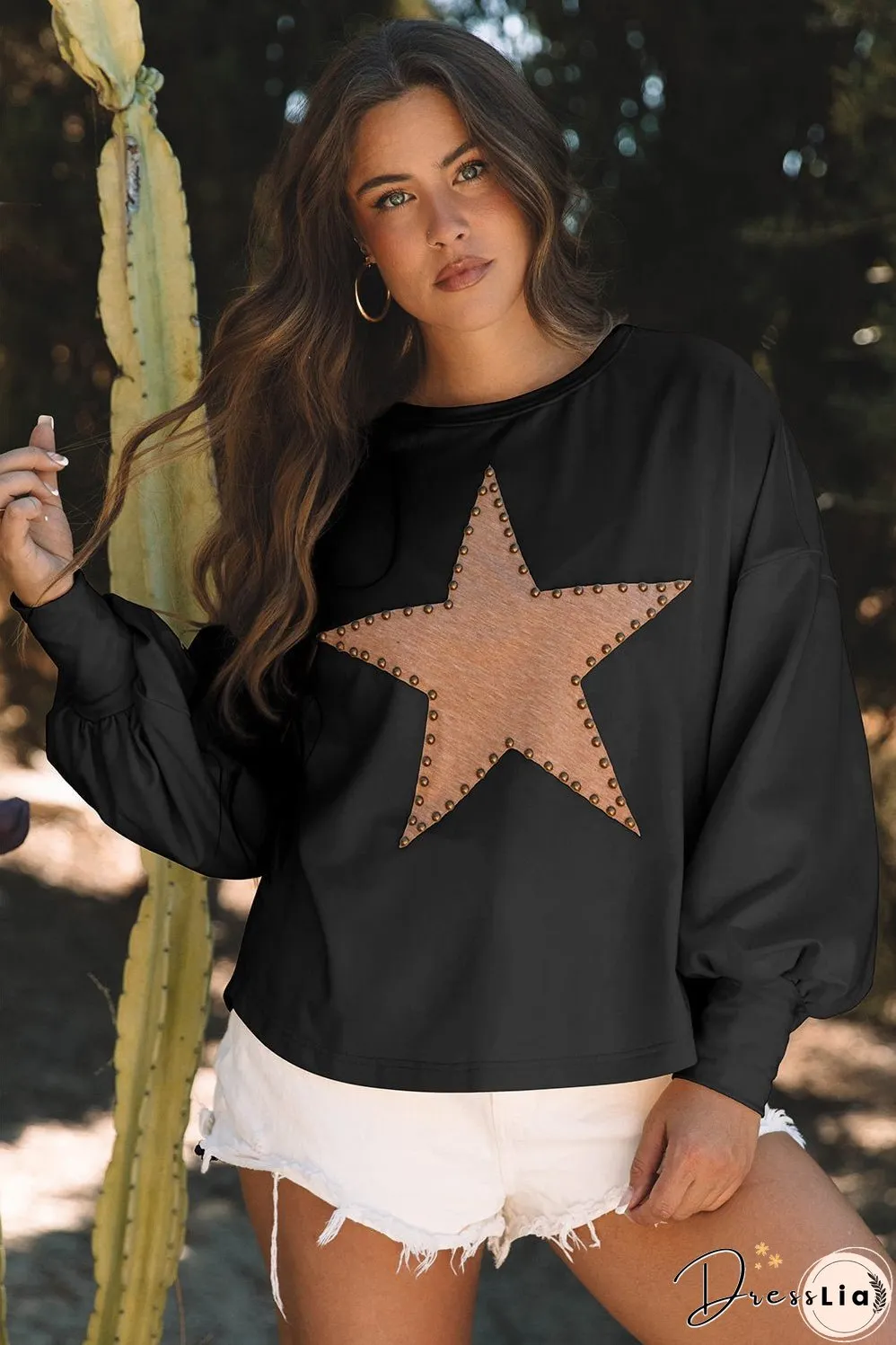Black Studded Star Graphic Oversized Long Sleeve Top