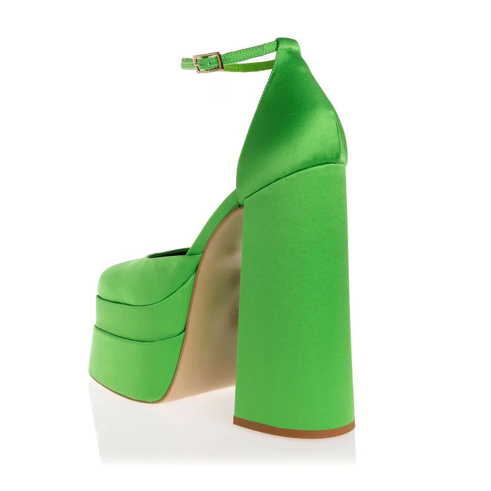 Classic Green Satin Ankle Strap Square Toe Women's Platform Heels