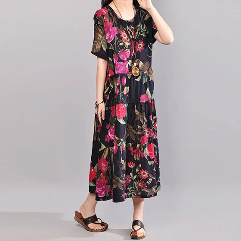 boutique cotton dress stylish Retro Printed Dresses Summer Short Sleeve Navy Blue Dress