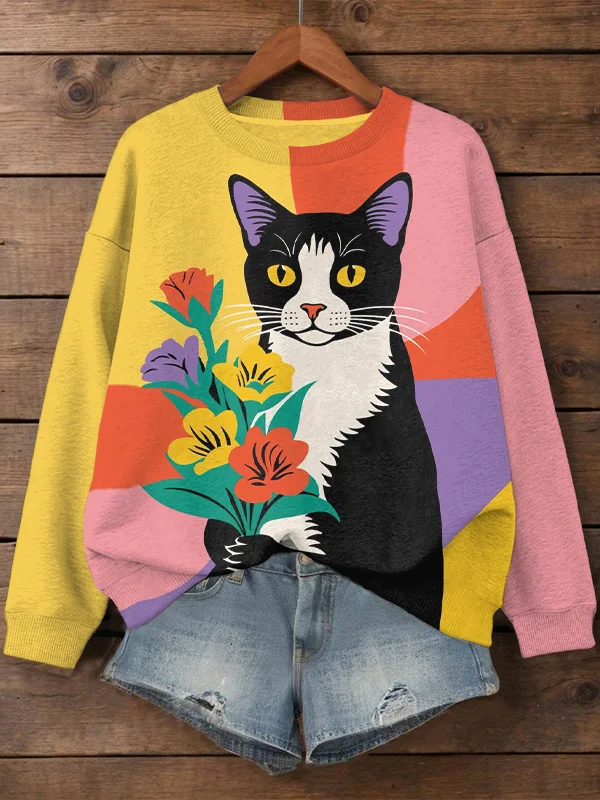 Women's Cat with Flowers Geometric Color Block Art Print Casual Sweatshirt