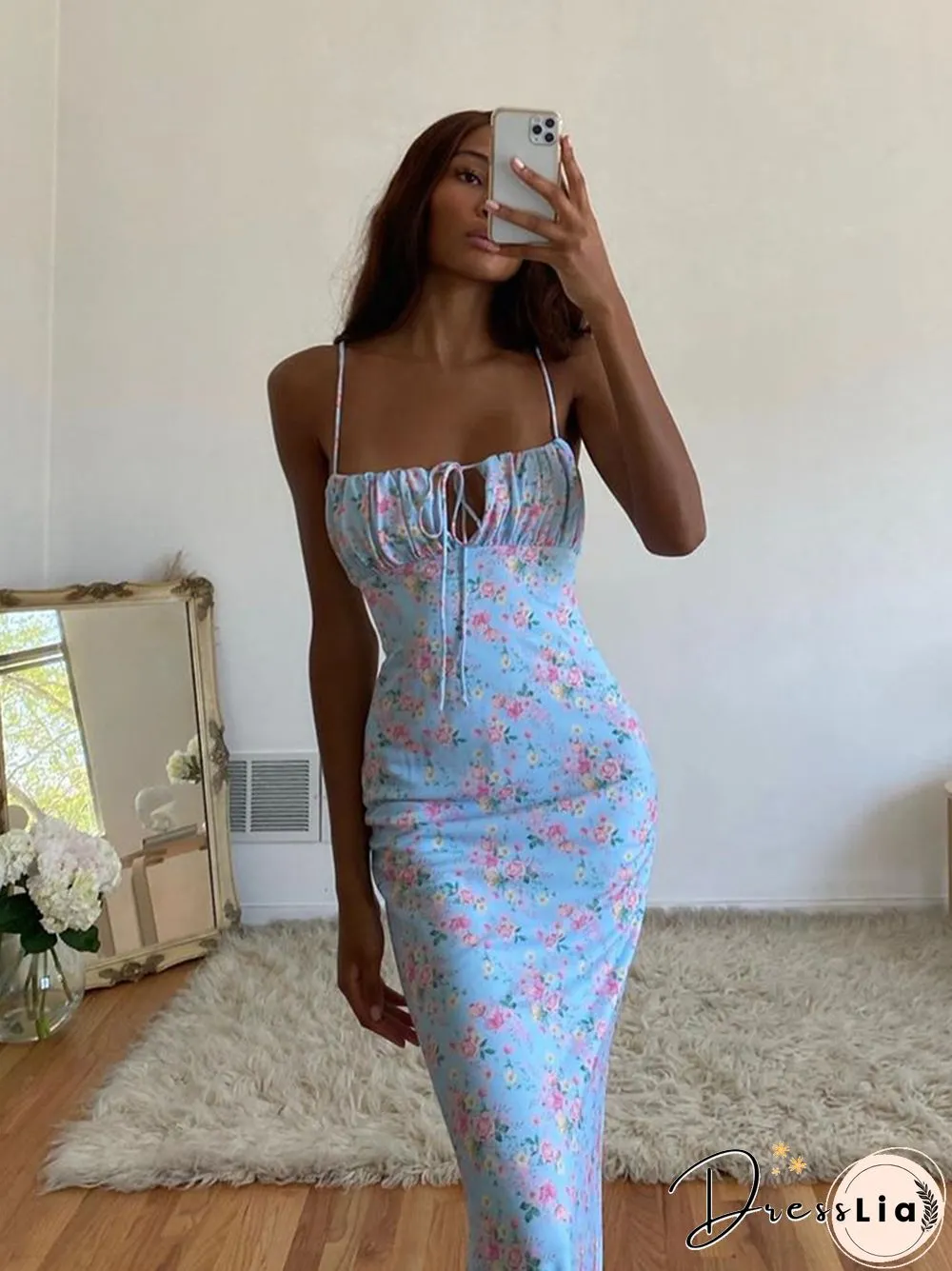 Cryptographic Floral Print Cottagecore Elegant Sleeveless Maxi Sundress Sexy Backless Women Party Club Tie Front Dress Holiday