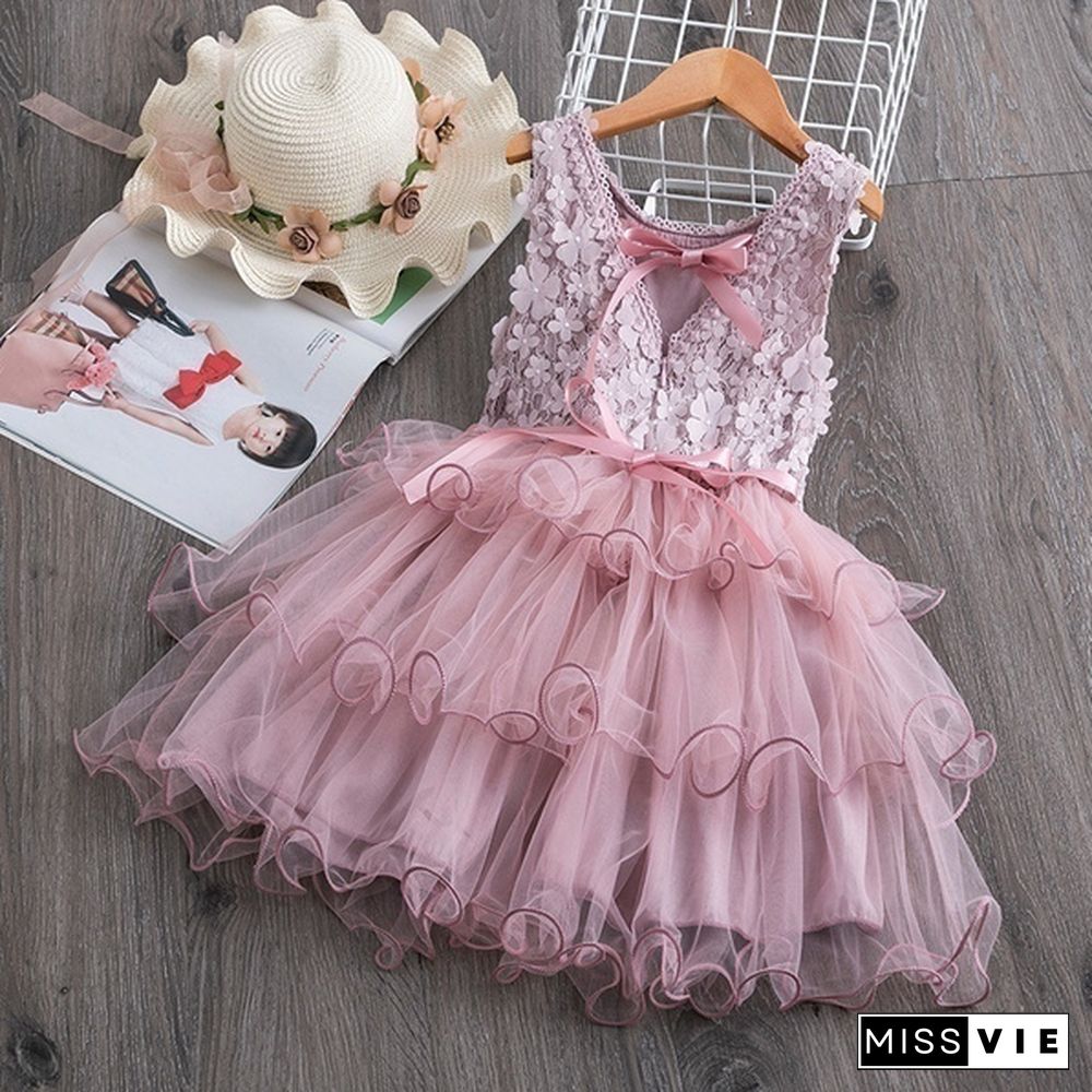 Girl's Fashion Backless Dress Appliques Flower Clothes Layered Mesh Princess Dress for Summer Beach Casual Wear 2 Styles