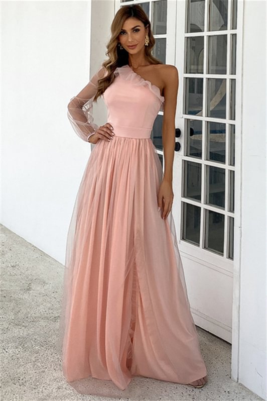 Luluslly One Shoulder Pink Evening Dress Long Sleeves A-Line YE0175