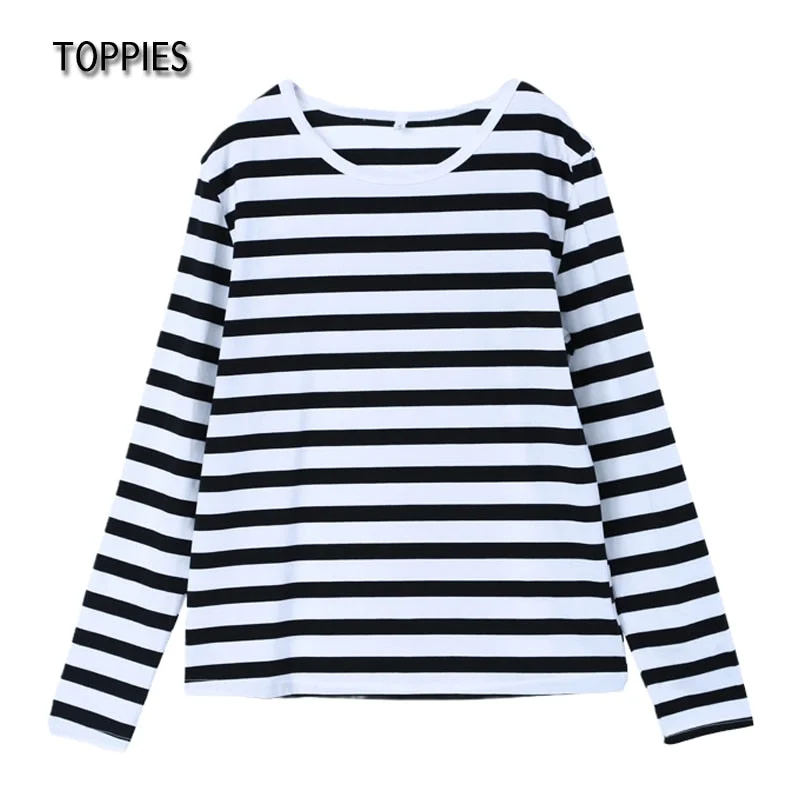 Toppies 2021 Striped T-shirts Casual Oversized Round Neck Vintage Basic Tops Tees Women Long Sleeve White Black T-shirts