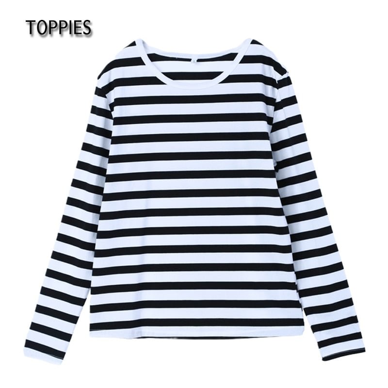 Toppies 2021 Striped T-shirts Casual Oversized Round Neck Vintage Basic Tops Tees Women Long Sleeve White Black T-shirts