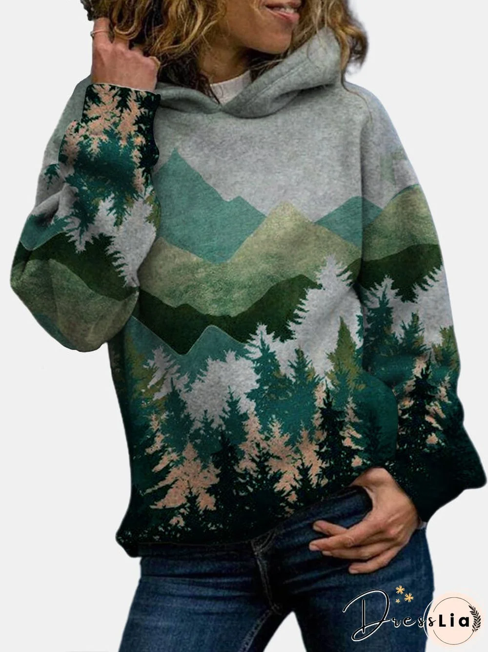 Landscape Printed Long Sleeve Casual Hoodie For Women