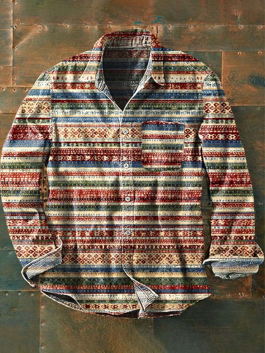 Men's Vintage Western Style Pattern Printed Casual Lapel Long Sleeve Shirt