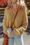 Women's Elegant Lantern Sleeve Scallop V Neck Buttoned Front Cropped Cardigan