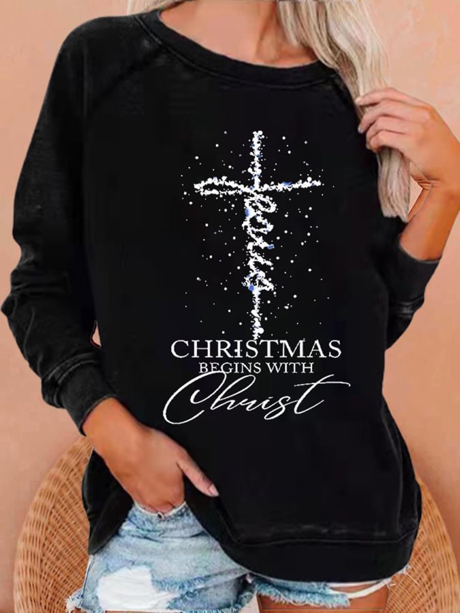 Women's Jesus Christmas Begins With Christ Print Casual Sweatshirts