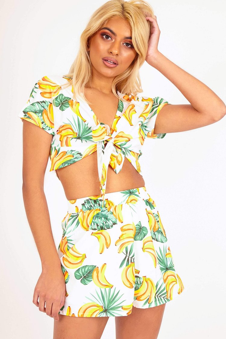 White Banana Print Tie Front Top Katch Me