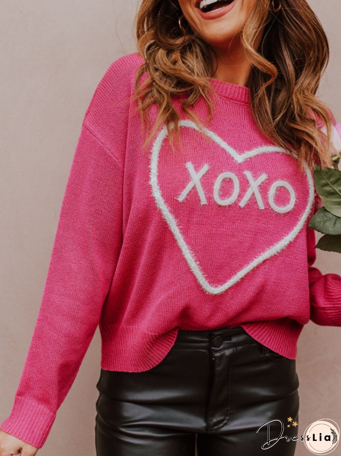 XOXO Round Neck Drop Shoulder Sweater