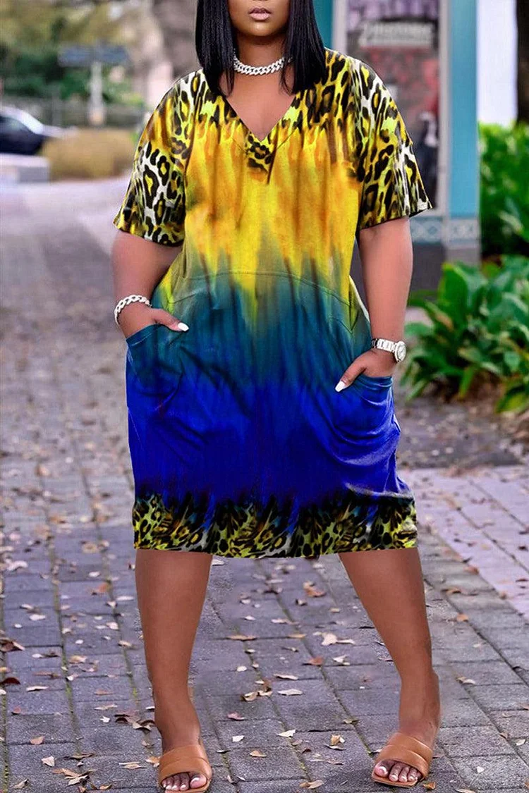 Plus Size African Casual All Over Print Basic V Neck Short Sleeve Midi Dress