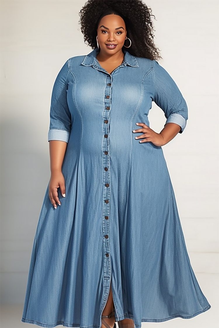 Xpluswear Design Plus Size Daily Light Blue Shirt Collar Long Sleeve Button Maxi Dresses