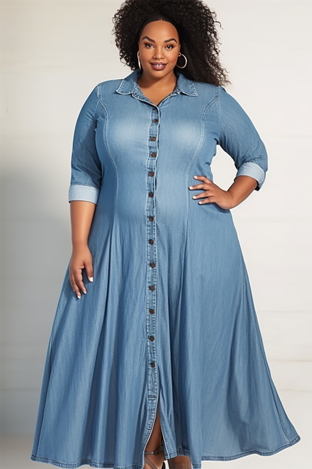 Design Plus Size Daily Light Blue Shirt Collar Long Sleeve Button Maxi Dresses [Pre-Order]
