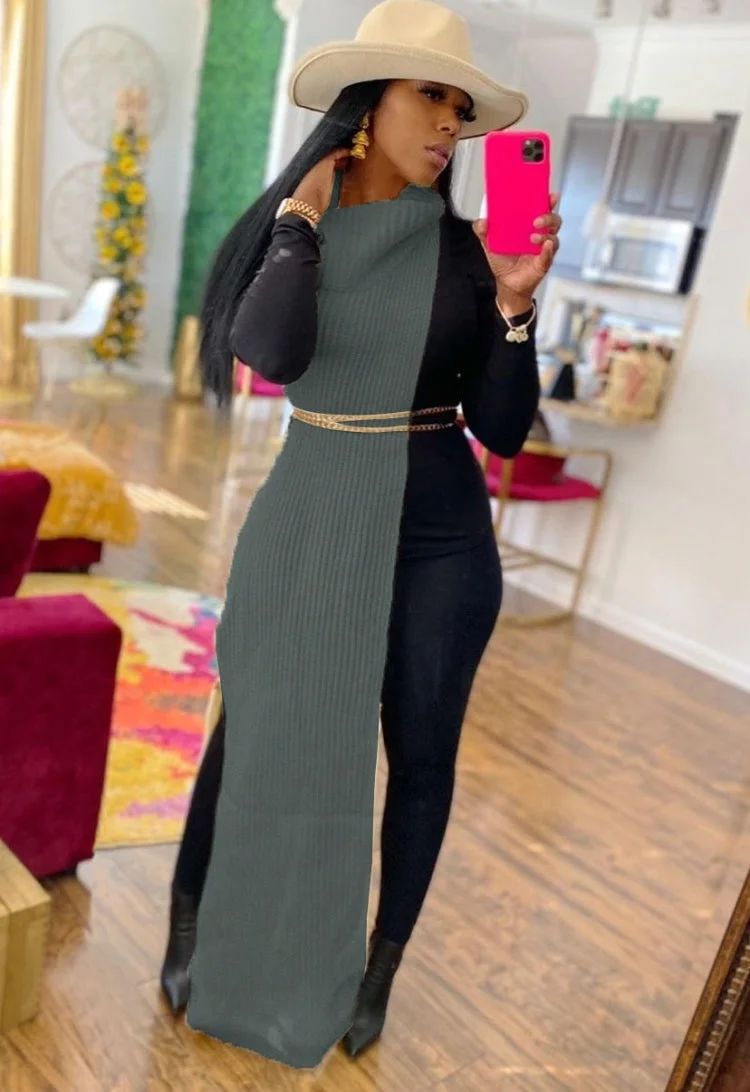 Toloer Toloer Turtleneck Side Slit Long Sweater Top 102-0-Outfit Ideas