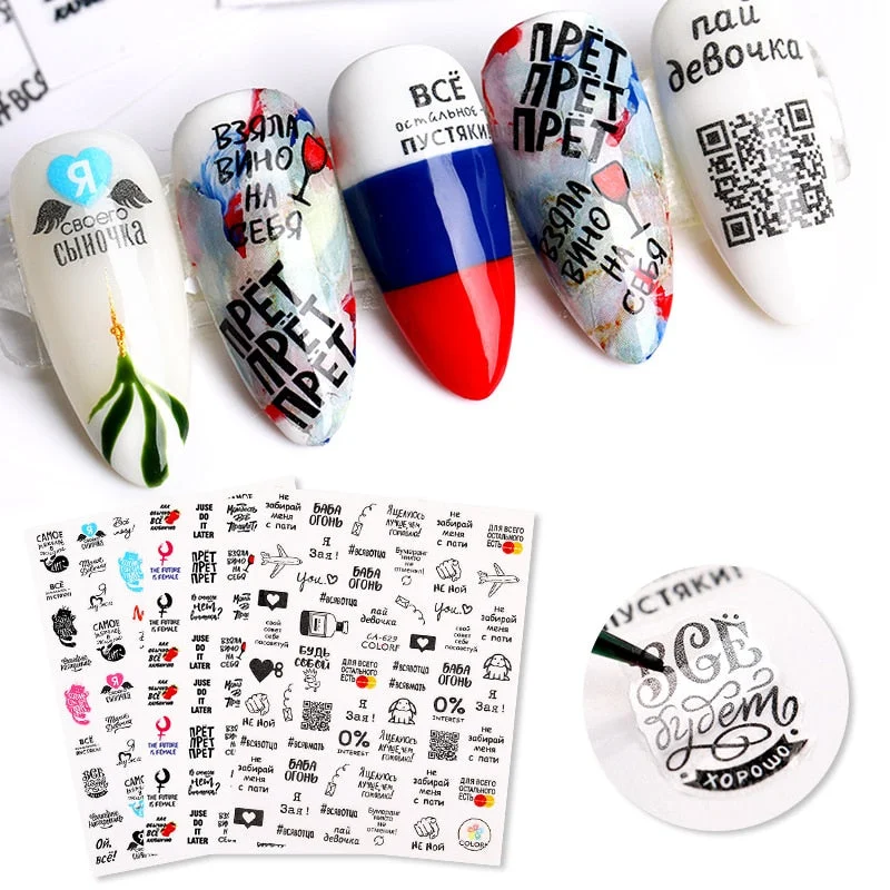 Letter Design 3D Nail Sticker Russian Series Transfer Beautiful Decals Decoration Nail Art Accessories DIY Adhensive Tips Papers