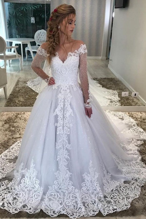 Graceful Sweetheart Off-the-Shoulder Train A-Line Wedding Dress Long Sleeves With Appliques Lace Sequins | Ballbellas Ballbellas