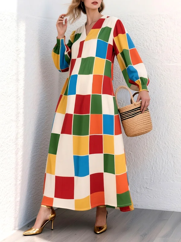 Elasticity Rainbow Plaid Split-Joint Loose Puff Sleeves V-neck Maxi Dresses