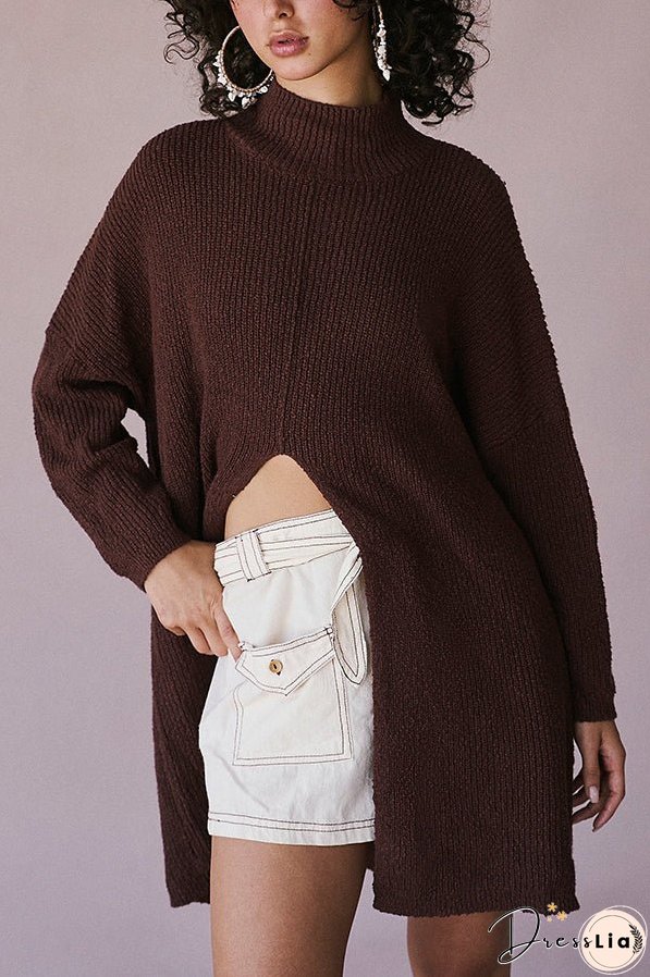 Solid Color Long Sleeve Slit Knitted Sweater