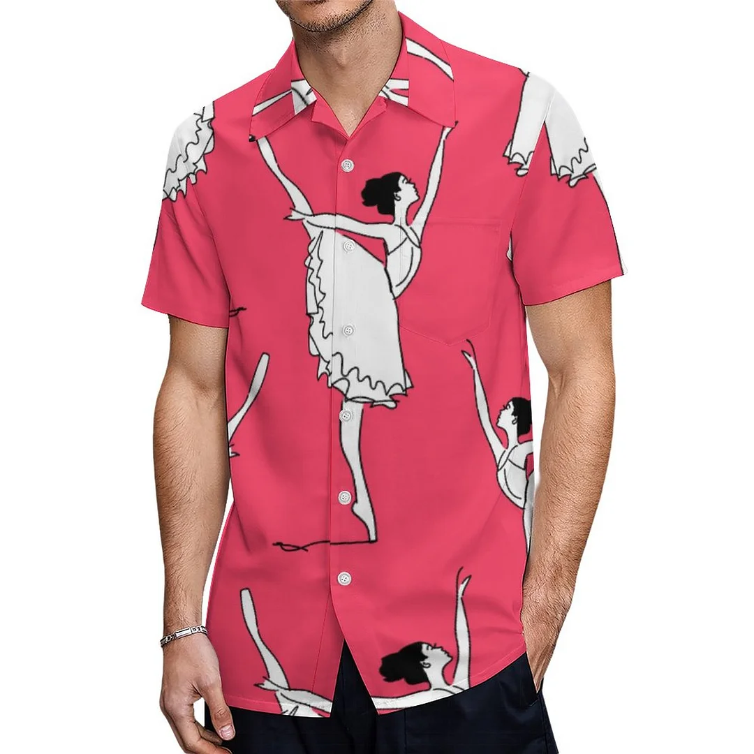 Short Sleeve Girly Pink Ballerina Hawaiian Shirt Mens Button Down Plus Size Tropical Hawaii Beach Shirts