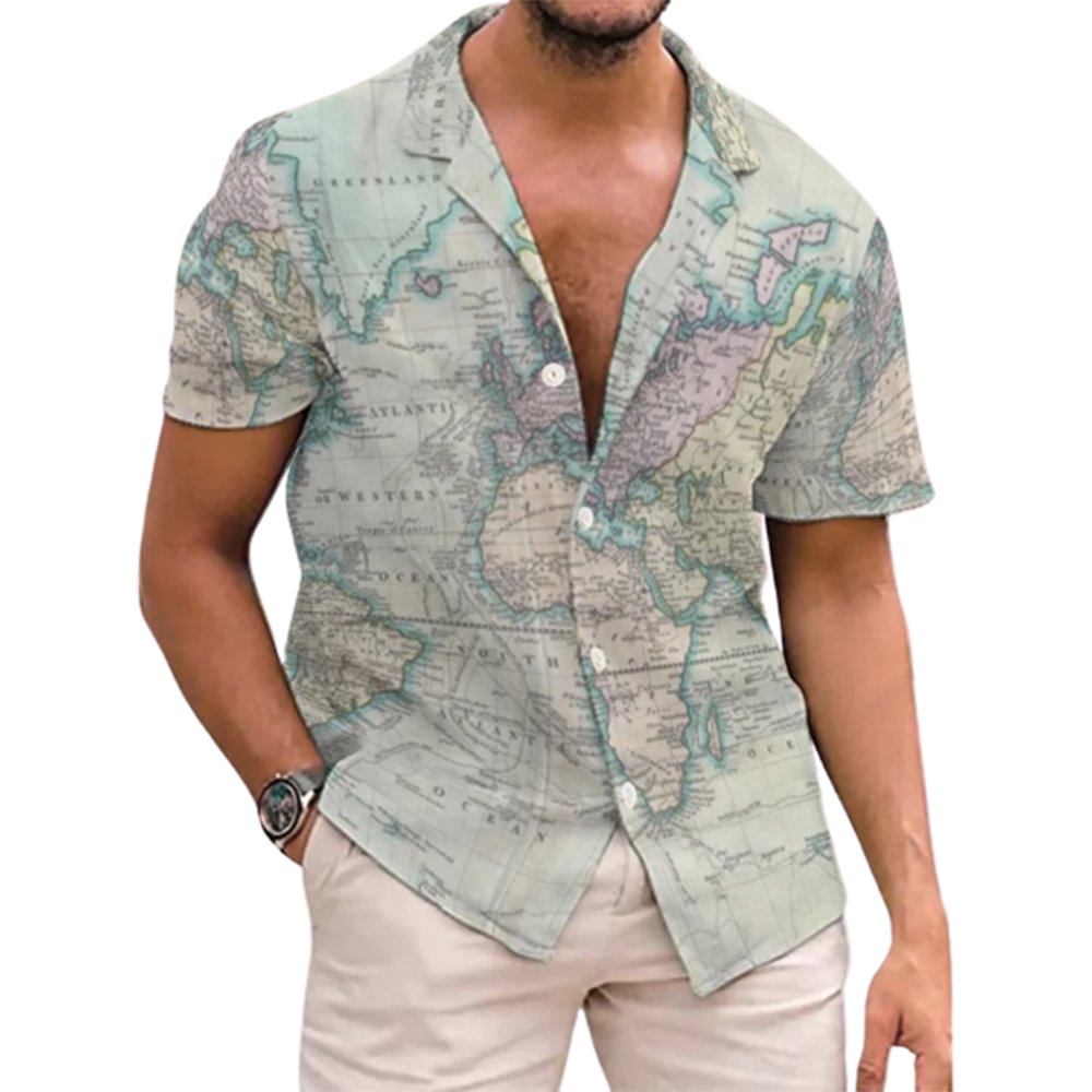 Men's Vintage World Map Print Short Sleeve Shirt、、URBENIE