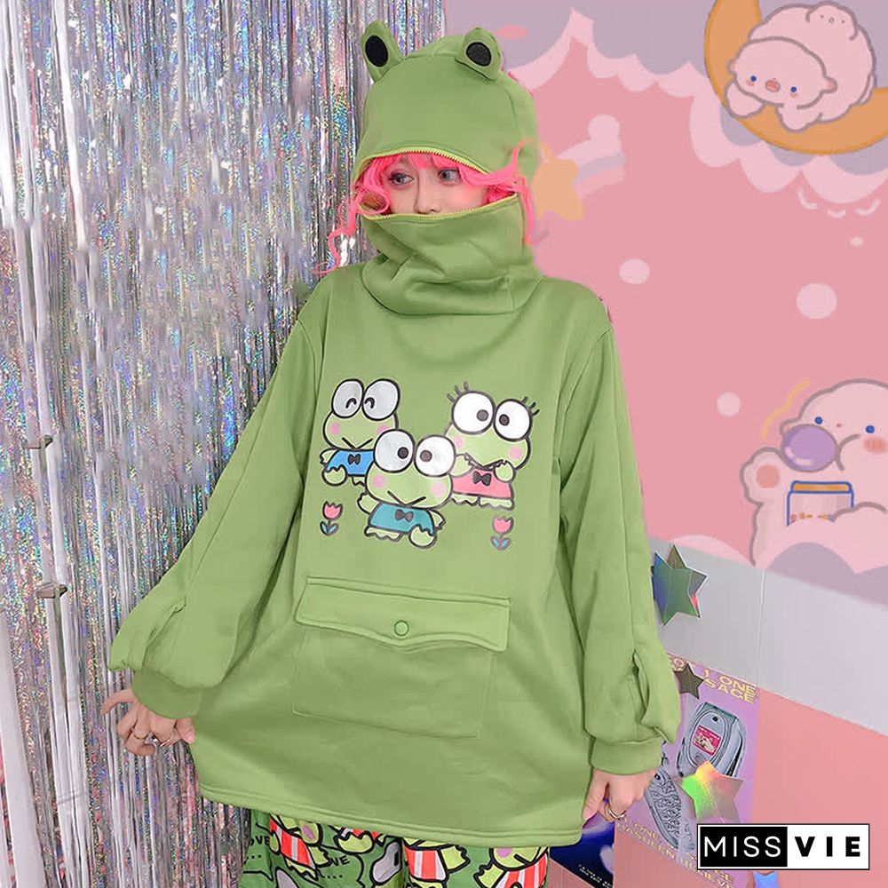 Cartoon Frog Print Pocket Plush Zipper Hoodie